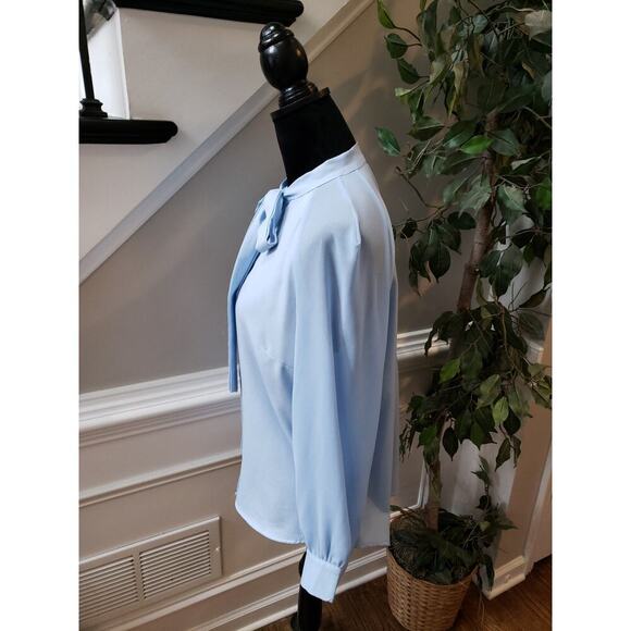 Vintage Acevog Blouse M Light Blue Bow Neck Long Sleeve Button Front Office Top - Picture 6 of 11